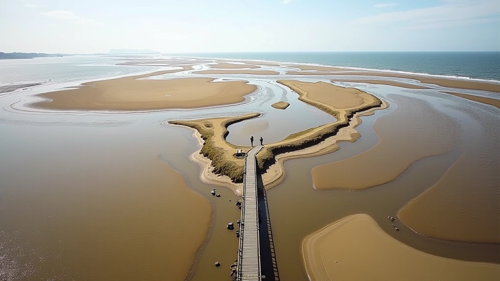 Aerial view of Bull Island showing tidal mudflats and channels at low tide, bird's eye perspective of coastal patterns