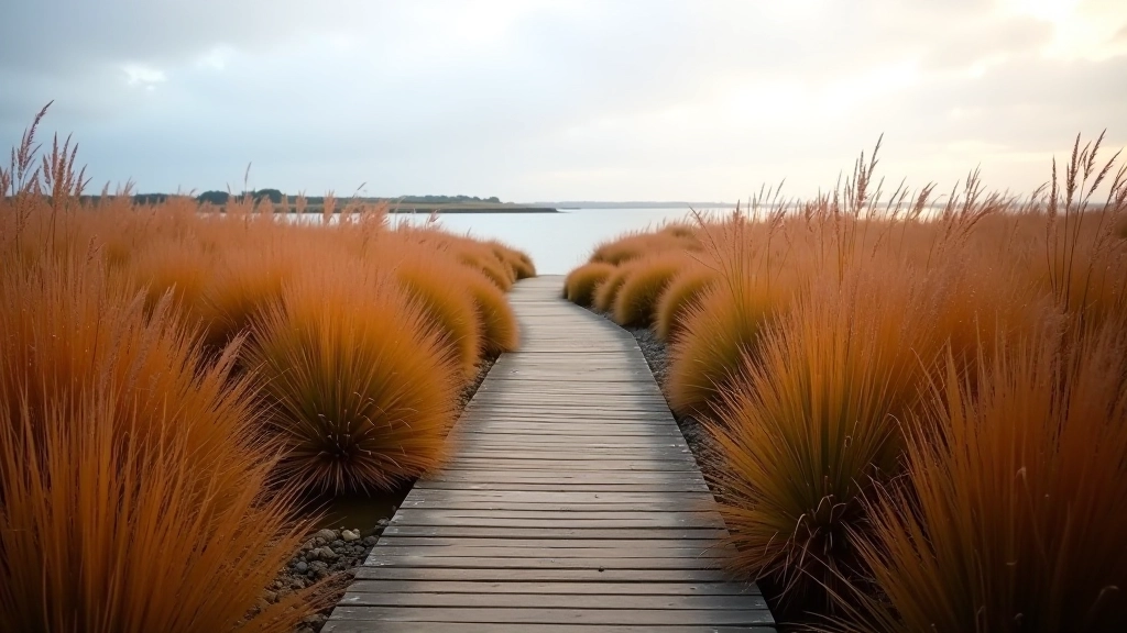 Golden and rust-colored marsh grasses swaying in wind under a soft autumn sky with muted light