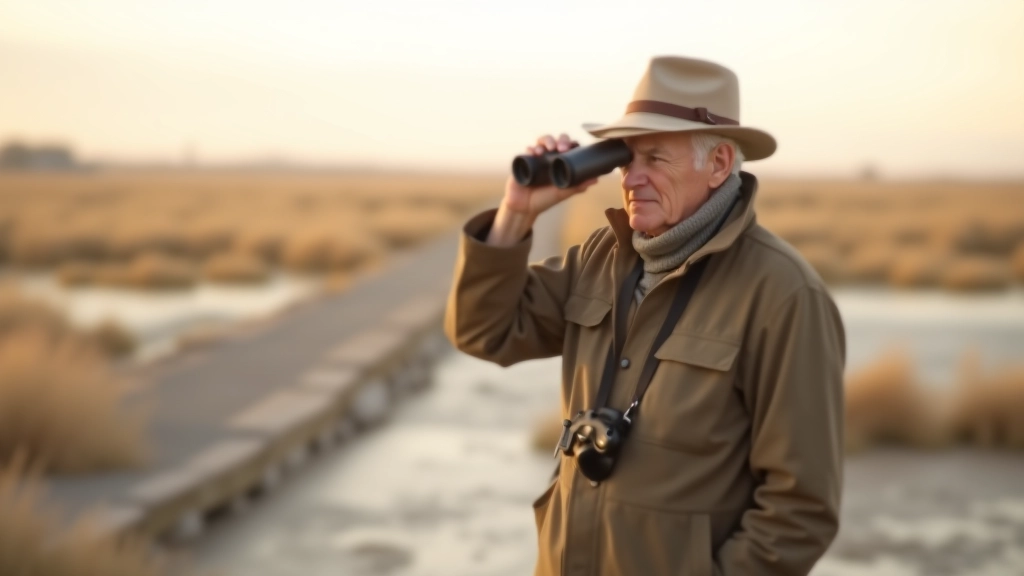 Birdwatcher with binoculars observing waterfowl on mudflats at dawn, peaceful coastal wetland environment, golden morning light, sharp focus