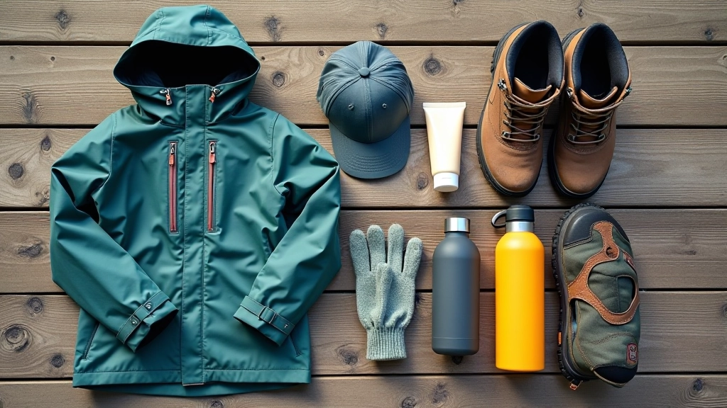 Laid out outdoor clothing and gear for coastal walking including waterproof jacket, walking boots, hat, and water bottle