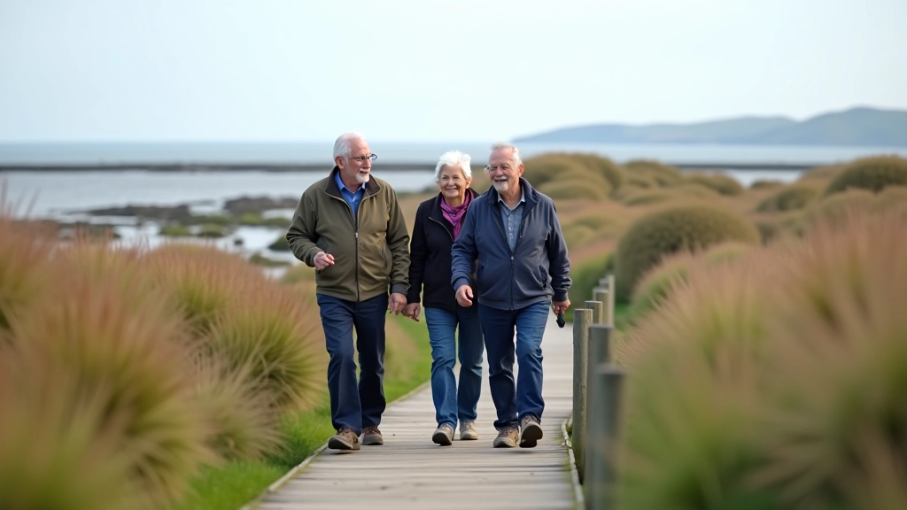 Group of older adults walking together on coastal path with sea in background