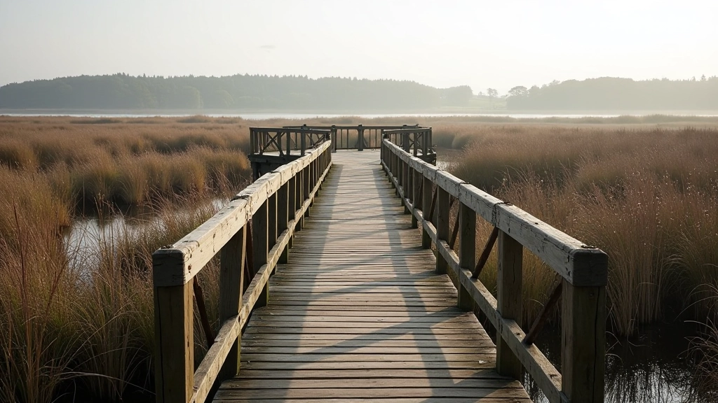Wooden bridge at Bull Island spanning across water with railings