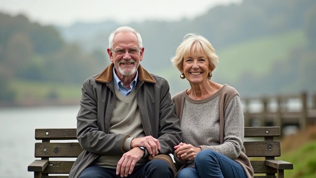 Mature couple enjoying outdoor rest on wooden bench overlooking water, peaceful moment