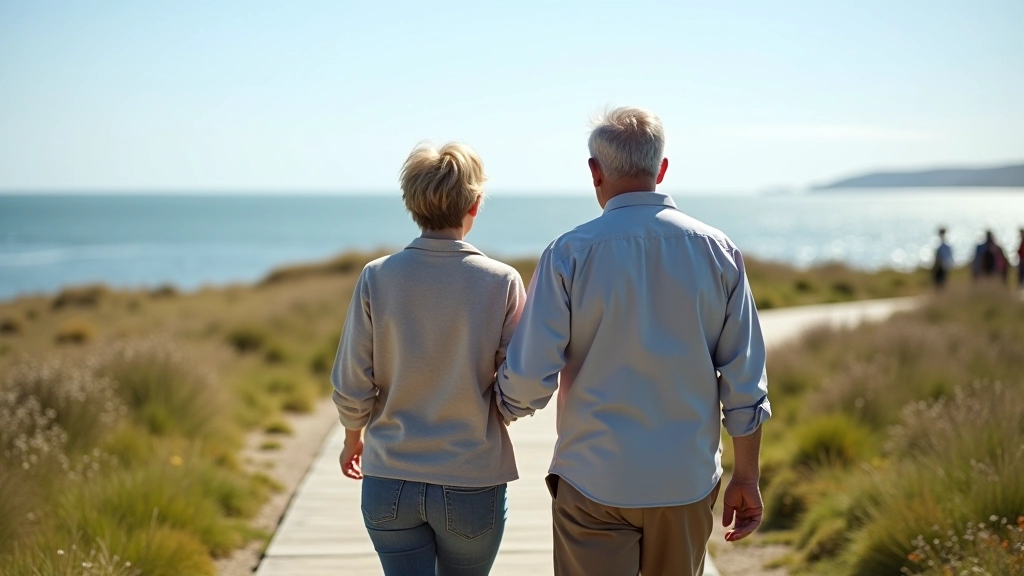 Retired couple walking together on coastal path with sea breeze, dressed in comfortable outdoor clothing