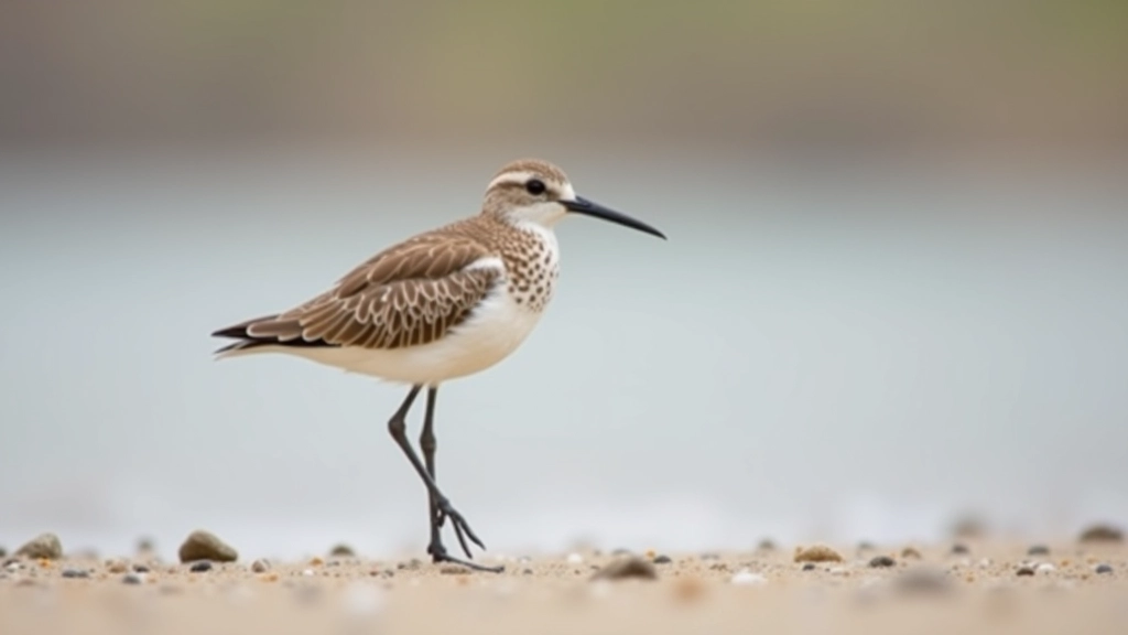 Close-up of curlew wading bird on sand with distinctive curved beak, natural wetland habitat, clear detail, soft natural lighting