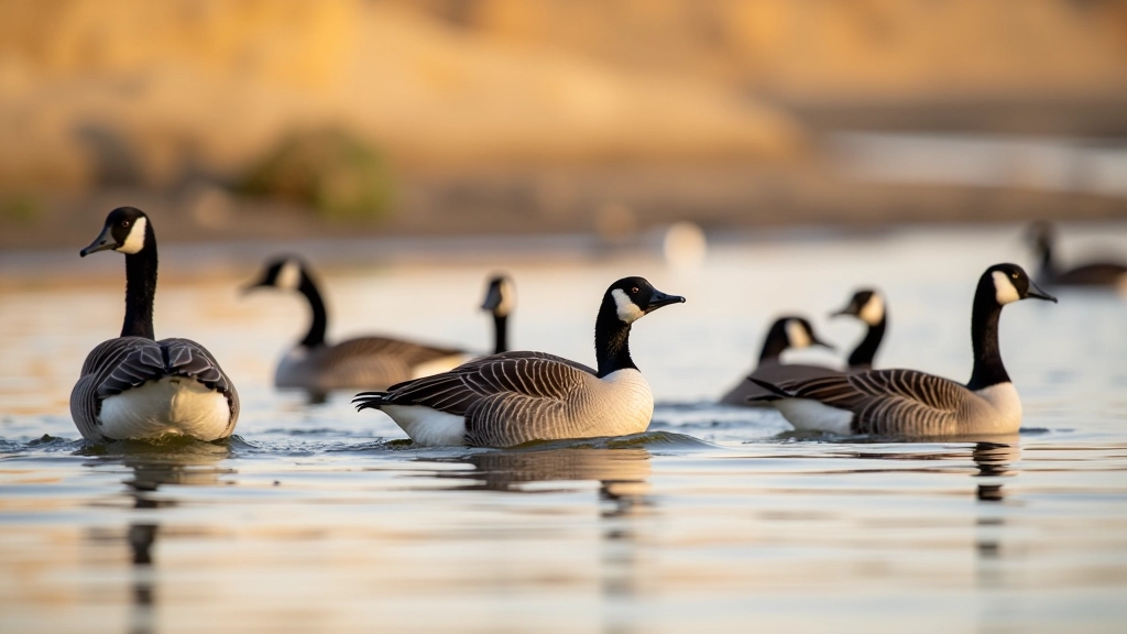 Group of brent geese swimming in shallow water at dusk, golden hour lighting, coastal habitat, detailed feathers visible, sharp focus
