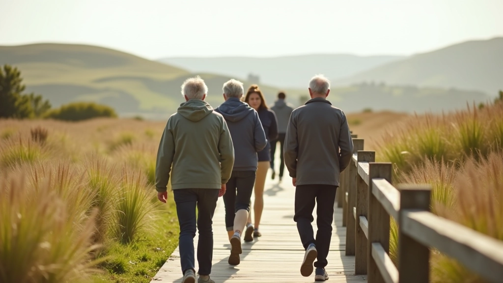 Walking group on Bull Island wooden bridge path with nature reserve landscape, peaceful outdoor setting