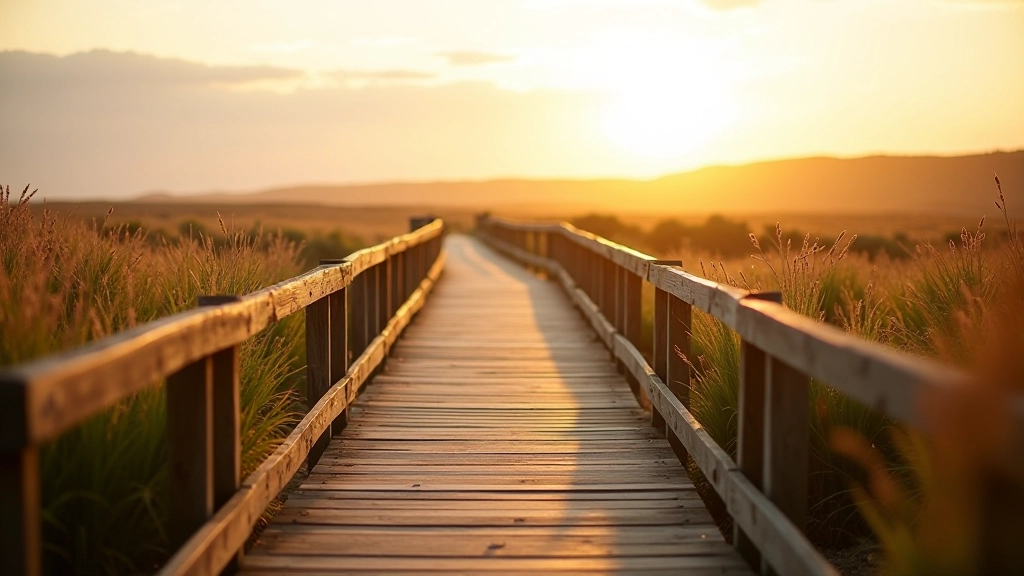 Scenic tidal island walkway with wooden bridge pathway overlooking Bull Island nature reserve in Dublin, golden hour lighting