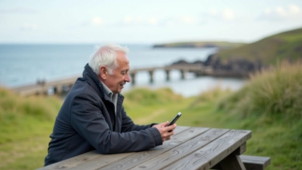 Person checking smartphone weather app before a coastal walk, showing weather forecast and conditions