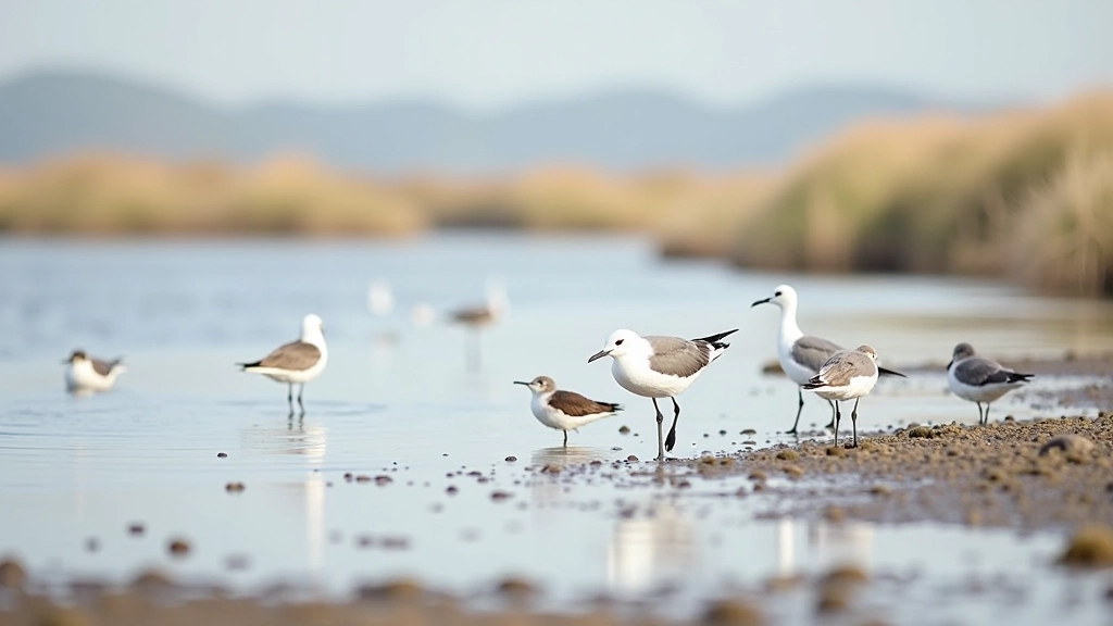 Close-up of seabirds including gulls and terns on rocky shore