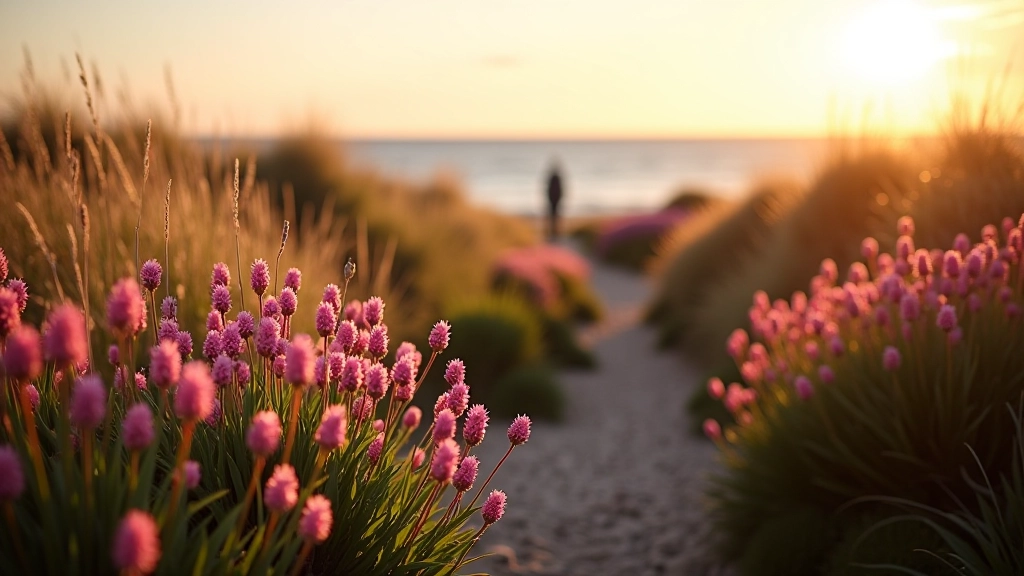 Vibrant pink and purple wildflowers growing densely across coastal sand dunes with marsh grasses