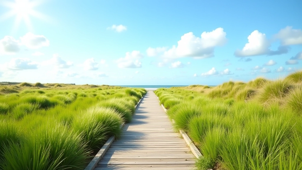 Lush green vegetation covering coastal dunes under bright blue summer sky with scattered white clouds