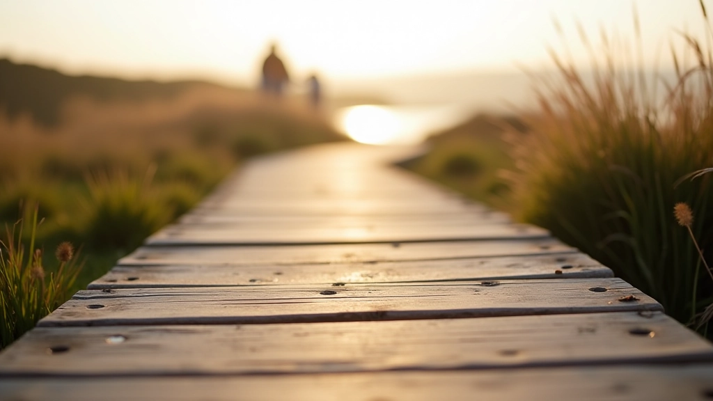 Close-up of wooden boardwalk planks with weathered texture, salt marsh vegetation visible on either side