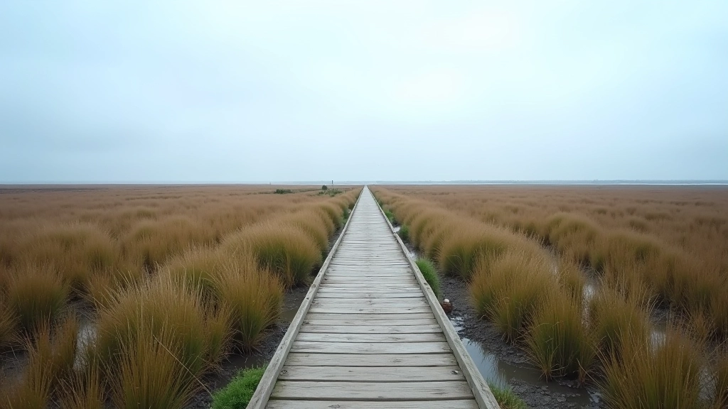 Wide view of salt marsh landscape with distant wooden bridge visible, blue sky, natural lighting