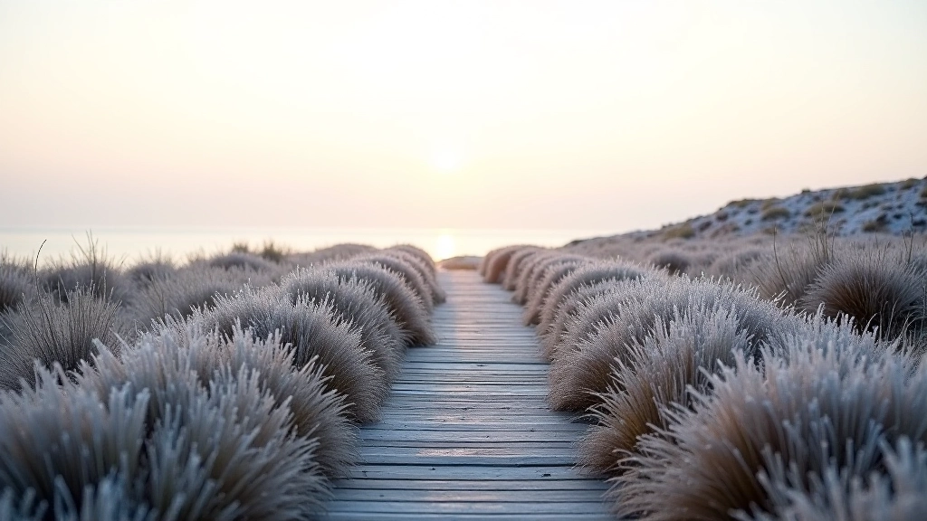 Frost-covered grasses and plants glistening in pale winter sunlight with muted gray-blue sky