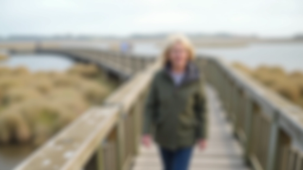 Person walking on wooden boardwalk bridge, casual outdoor clothing, peaceful expression, natural lighting
