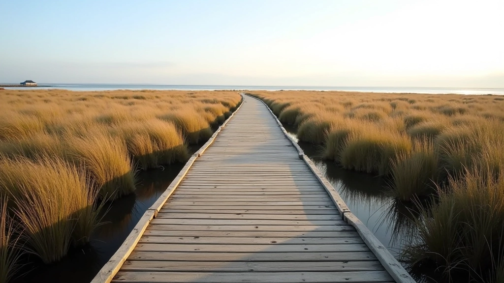 Wooden boardwalk path stretching through salt marsh grasses with water visible on both sides